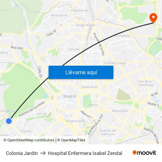 Colonia Jardín to Hospital Enfermera Isabel Zendal map