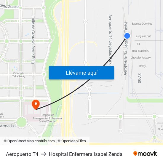 Aeropuerto T4 to Hospital Enfermera Isabel Zendal map