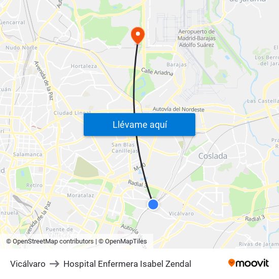 Vicálvaro to Hospital Enfermera Isabel Zendal map