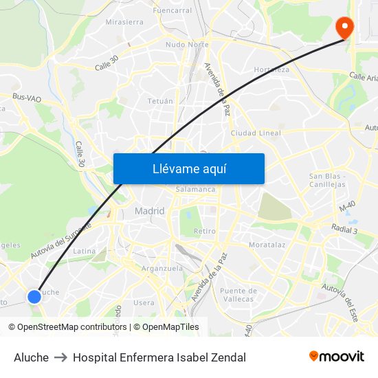Aluche to Hospital Enfermera Isabel Zendal map