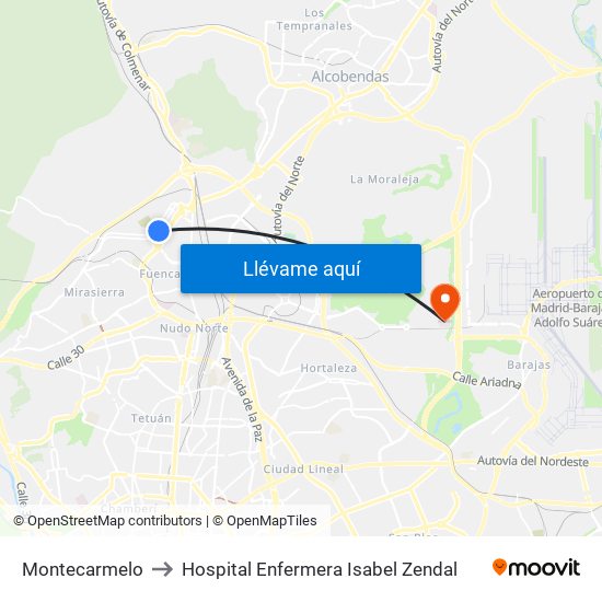 Montecarmelo to Hospital Enfermera Isabel Zendal map
