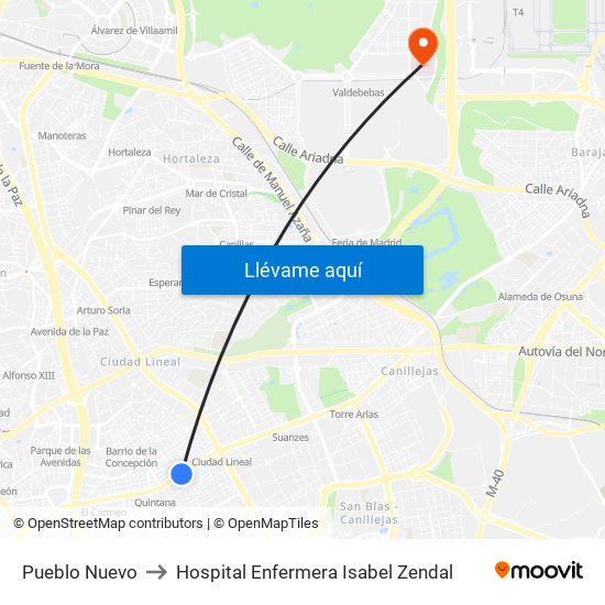 Pueblo Nuevo to Hospital Enfermera Isabel Zendal map