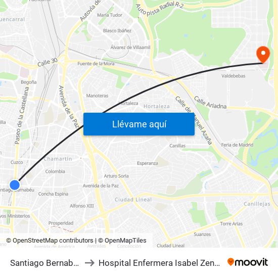 Santiago Bernabéu to Hospital Enfermera Isabel Zendal map