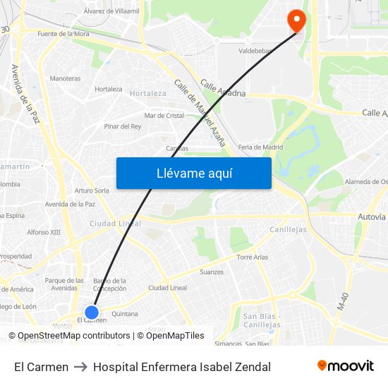 El Carmen to Hospital Enfermera Isabel Zendal map