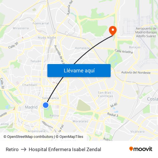 Retiro to Hospital Enfermera Isabel Zendal map