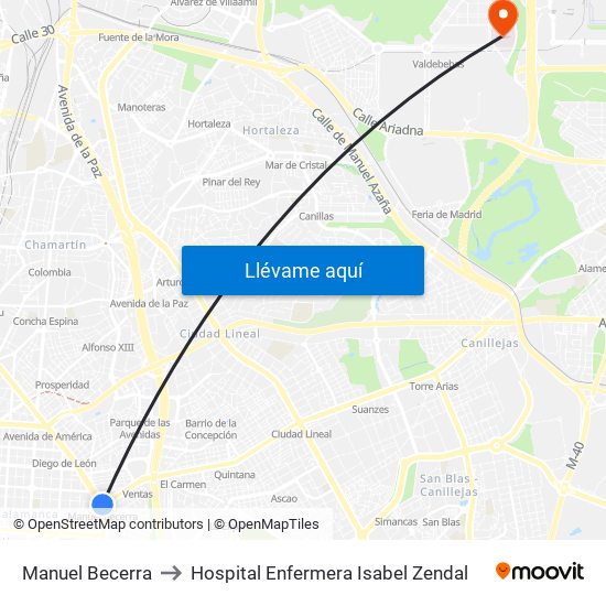 Manuel Becerra to Hospital Enfermera Isabel Zendal map