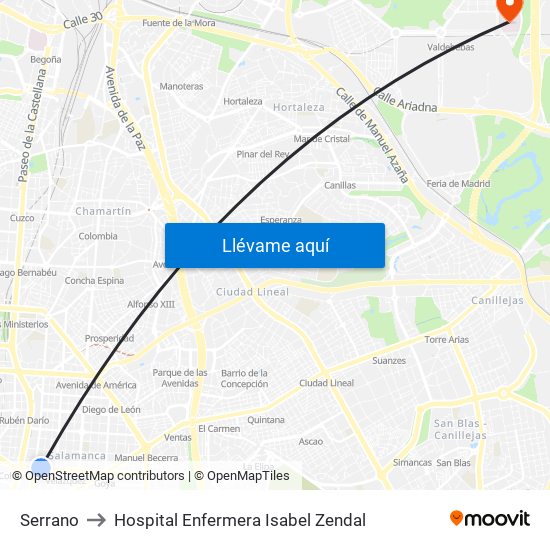 Serrano to Hospital Enfermera Isabel Zendal map