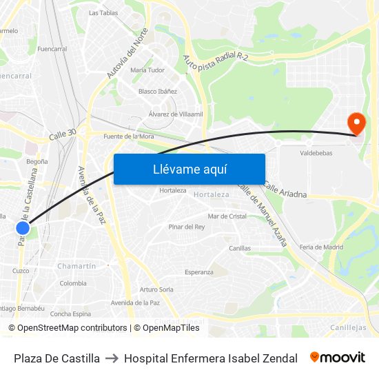 Plaza De Castilla to Hospital Enfermera Isabel Zendal map