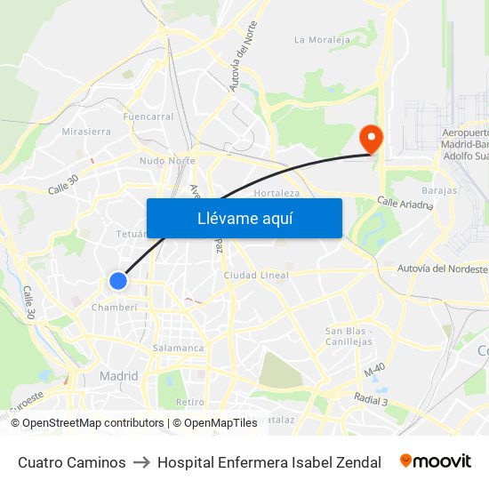 Cuatro Caminos to Hospital Enfermera Isabel Zendal map