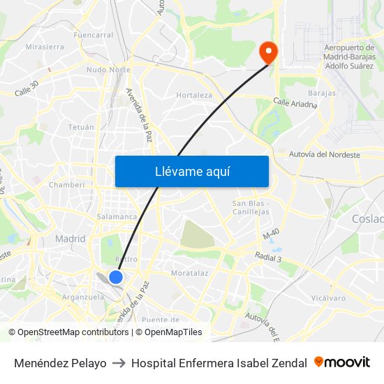 Menéndez Pelayo to Hospital Enfermera Isabel Zendal map