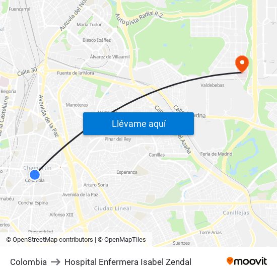 Colombia to Hospital Enfermera Isabel Zendal map
