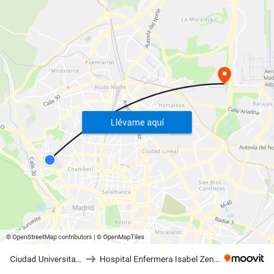 Ciudad Universitaria to Hospital Enfermera Isabel Zendal map