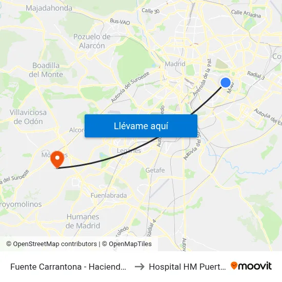 Fuente Carrantona - Hacienda De Pavones to Hospital HM Puerta del Sur map