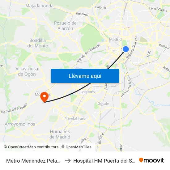Metro Menéndez Pelayo to Hospital HM Puerta del Sur map