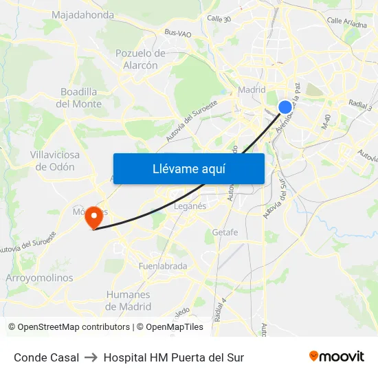Conde Casal to Hospital HM Puerta del Sur map