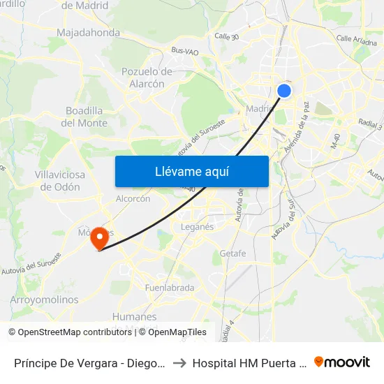 Príncipe De Vergara - Diego De León to Hospital HM Puerta del Sur map