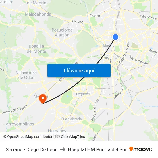 Serrano - Diego De León to Hospital HM Puerta del Sur map