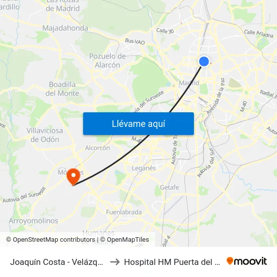 Joaquín Costa - Velázquez to Hospital HM Puerta del Sur map