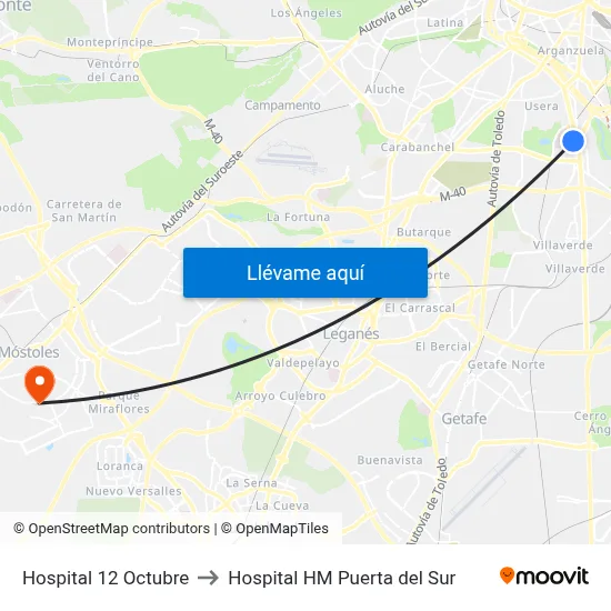 Hospital 12 Octubre to Hospital HM Puerta del Sur map