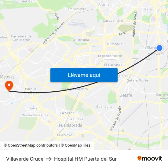 Villaverde Cruce to Hospital HM Puerta del Sur map