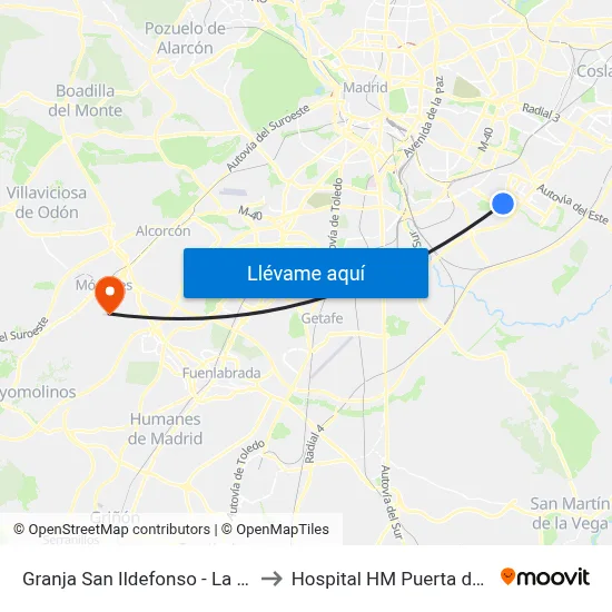 Granja San Ildefonso - La Gavia to Hospital HM Puerta del Sur map