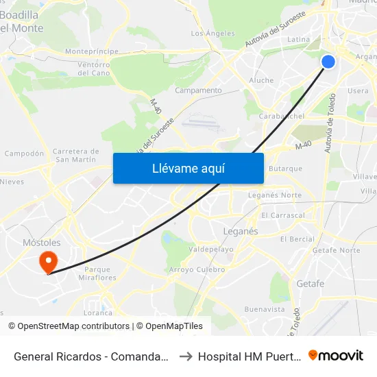 General Ricardos - Comandante Fontanes to Hospital HM Puerta del Sur map
