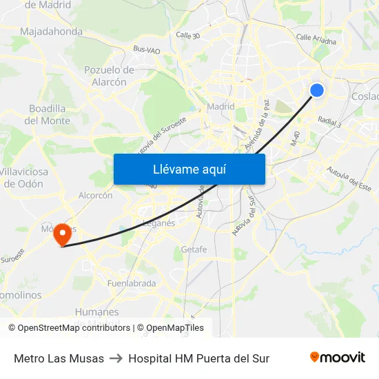Metro Las Musas to Hospital HM Puerta del Sur map