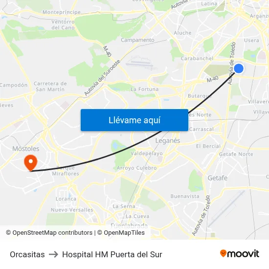 Orcasitas to Hospital HM Puerta del Sur map