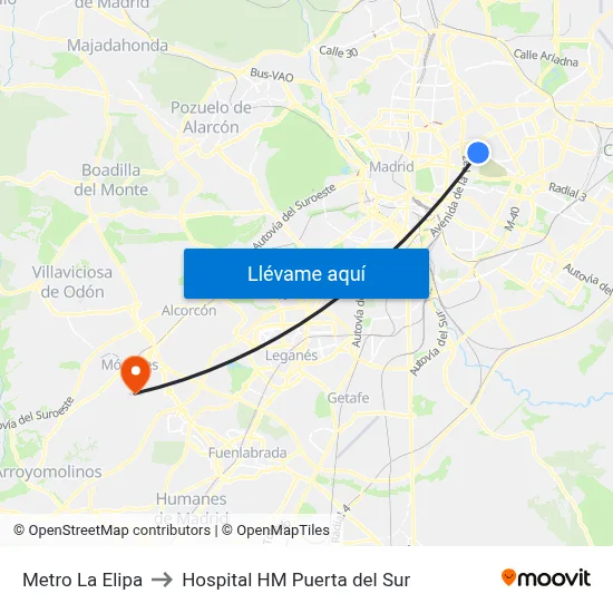 Metro La Elipa to Hospital HM Puerta del Sur map