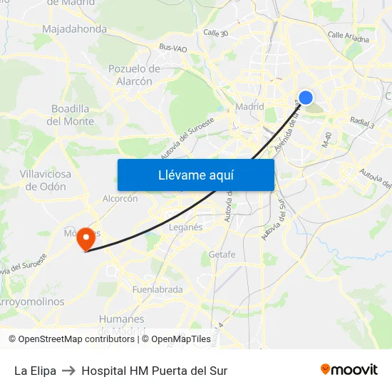 La Elipa to Hospital HM Puerta del Sur map