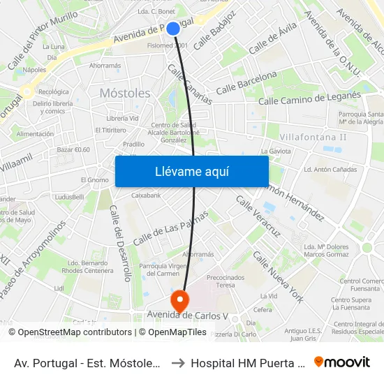 Av. Portugal - Est. Móstoles Central to Hospital HM Puerta del Sur map