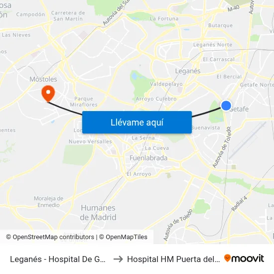 Leganés - Hospital De Getafe to Hospital HM Puerta del Sur map