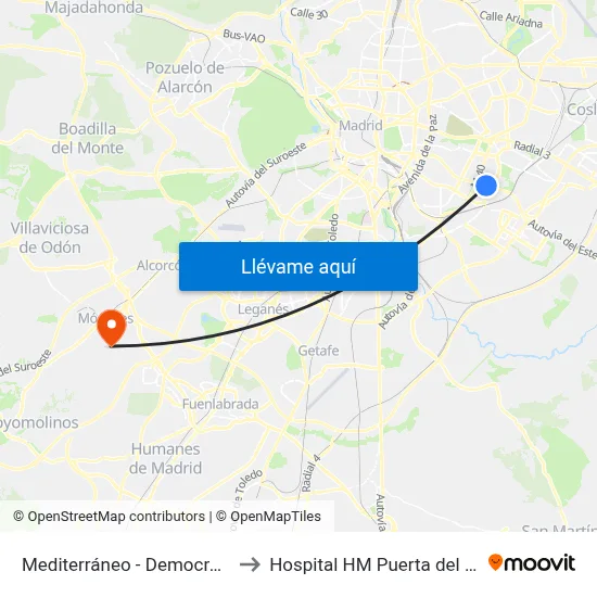 Mediterráneo - Democracia to Hospital HM Puerta del Sur map