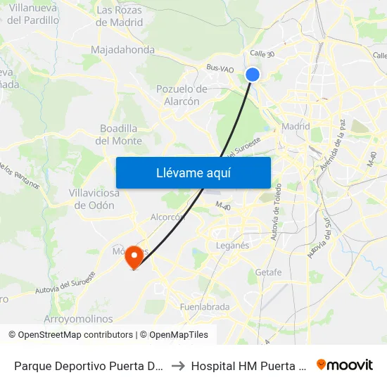 Parque Deportivo Puerta De Hierro to Hospital HM Puerta del Sur map