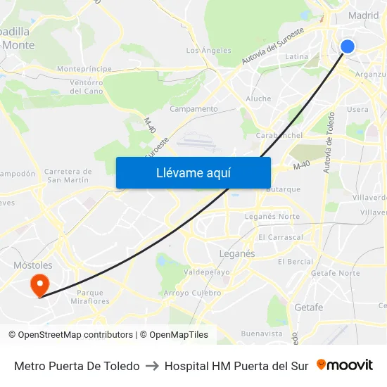 Metro Puerta De Toledo to Hospital HM Puerta del Sur map
