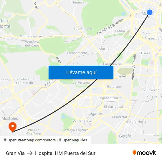 Gran Vía to Hospital HM Puerta del Sur map