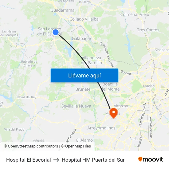 Hospital El Escorial to Hospital HM Puerta del Sur map