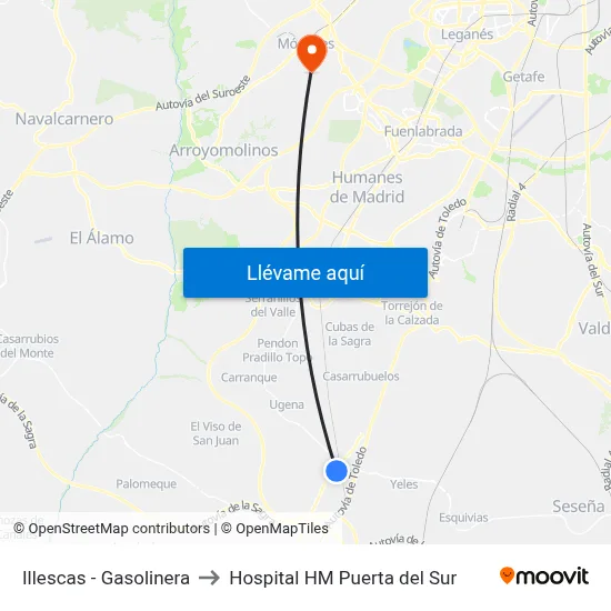 Illescas - Gasolinera to Hospital HM Puerta del Sur map