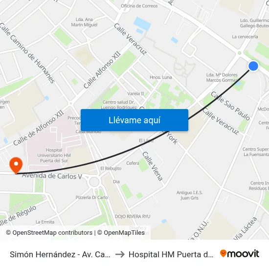 Simón Hernández - Av. Carlos V to Hospital HM Puerta del Sur map