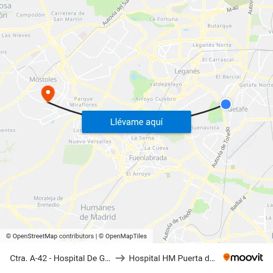 Ctra. A-42 - Hospital De Getafe to Hospital HM Puerta del Sur map