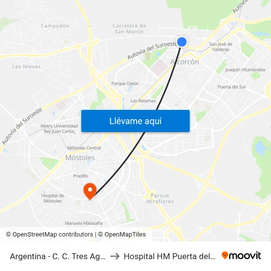 Argentina - C. C. Tres Aguas to Hospital HM Puerta del Sur map