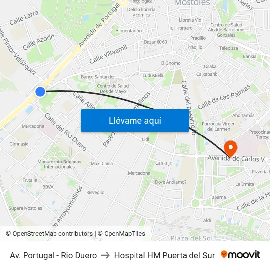 Av. Portugal - Rio Duero to Hospital HM Puerta del Sur map