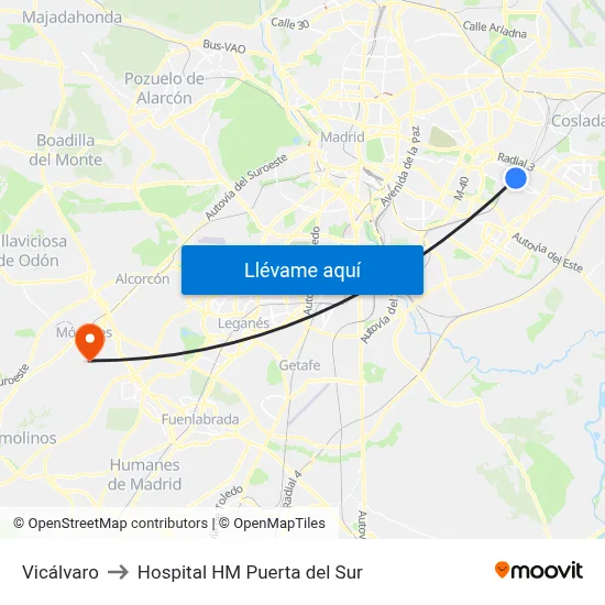 Vicálvaro to Hospital HM Puerta del Sur map