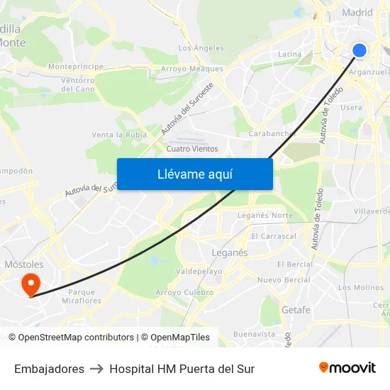 Embajadores to Hospital HM Puerta del Sur map
