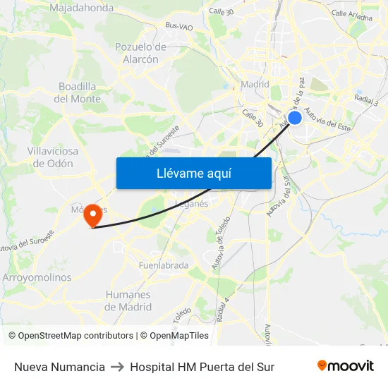 Nueva Numancia to Hospital HM Puerta del Sur map
