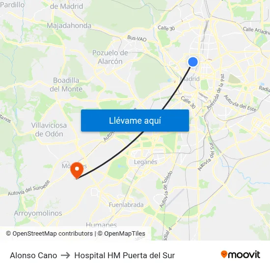 Alonso Cano to Hospital HM Puerta del Sur map