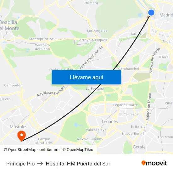 Príncipe Pío to Hospital HM Puerta del Sur map