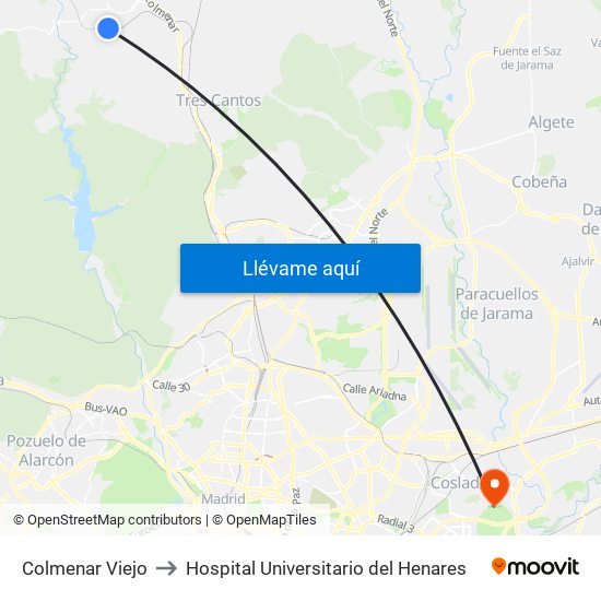 Colmenar Viejo to Hospital Universitario del Henares map