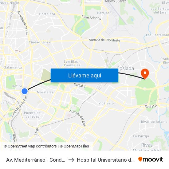 Av. Mediterráneo - Conde De Casal to Hospital Universitario del Henares map