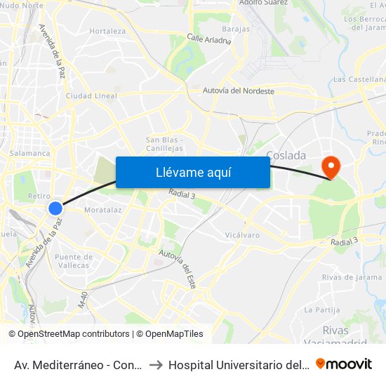 Av. Mediterráneo - Conde Casal to Hospital Universitario del Henares map